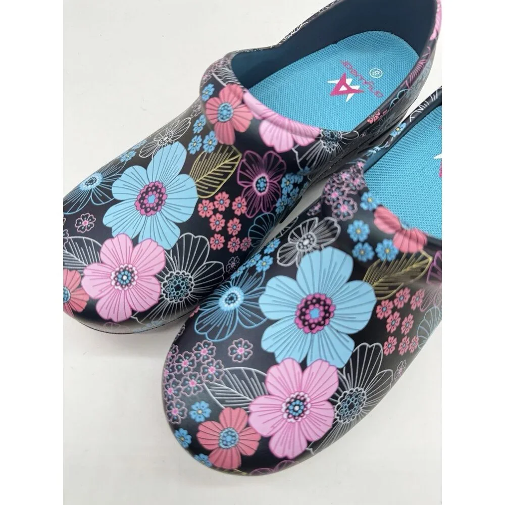 Black Floral Slip-On Clogs in Pink & Turquoise - Picture 13 of 15
